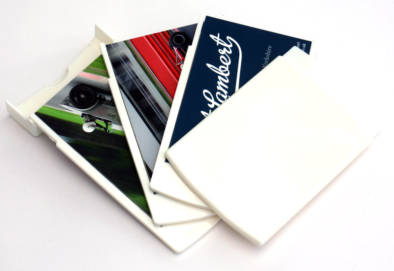 The Moo ShowCase card holder, with various Foot Lambert cards placed within it.