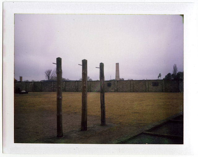 A polaroid photograph of the hanging posts at Sachsenhausen concentration camp