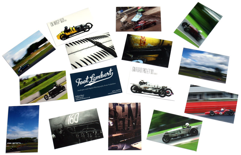 Moo cards with various photographs of motorsport