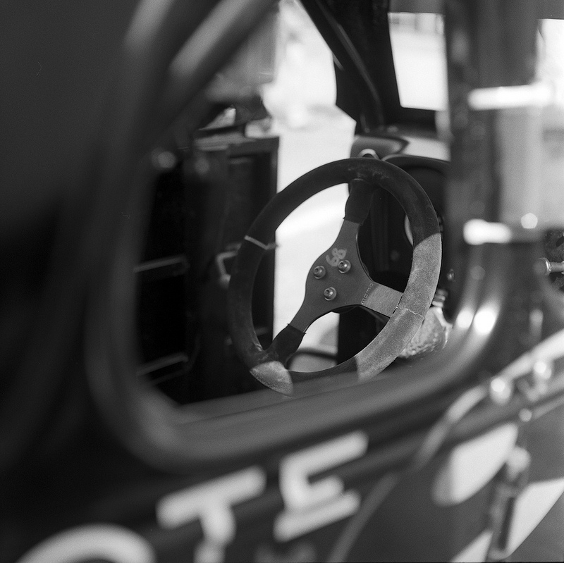The cockpit of a Legends race car, taken on a Mamiya C330F