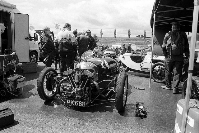 A Morgan car in the paddock at Mallory Park