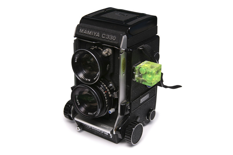The Mamiya C330F with a spirit level in the cold shoe