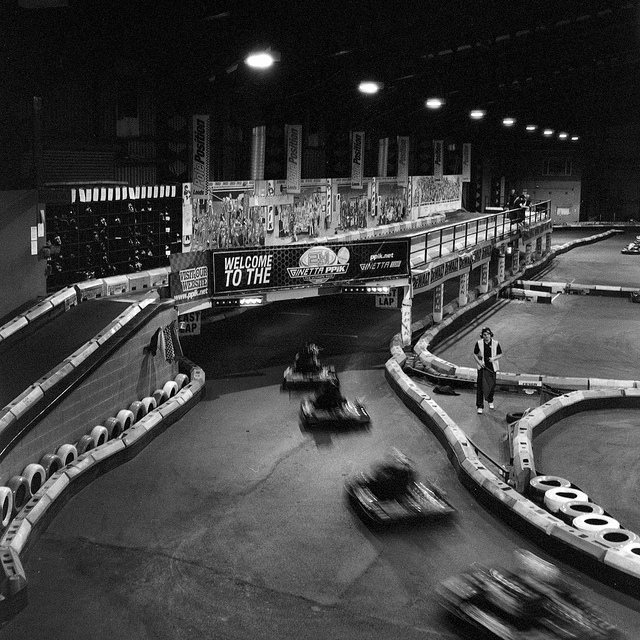 Karts racing into the tunnel at PPiK Leeds