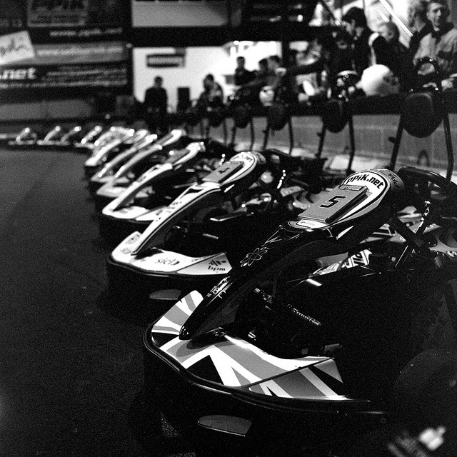 Karts lined up before the race, taken in black and white