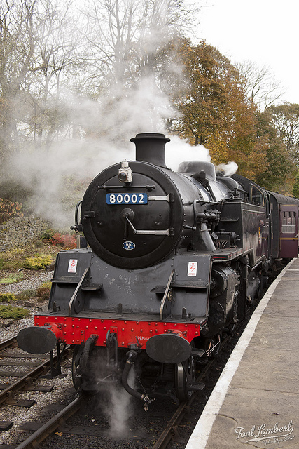 Steam train entering the station at Oxenhope