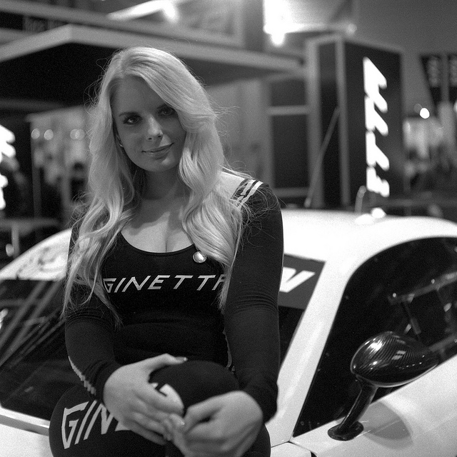 A Ginetta grid girl at Autosport International 2013 taken on the Mamiya C330F - Events Photography