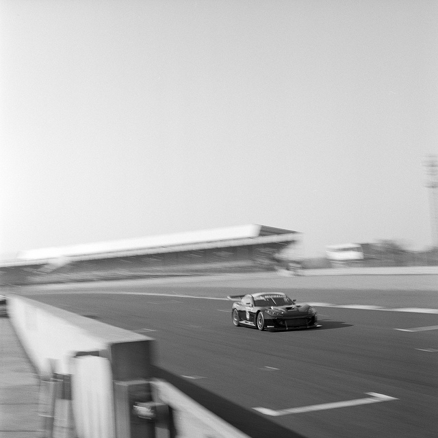 A Ginetta G55 passing the pits at speed, caught on a Mamiya C330F -Silverstone Photography