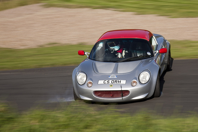 A sideways Lotus Elise at Harewood Hillclimb