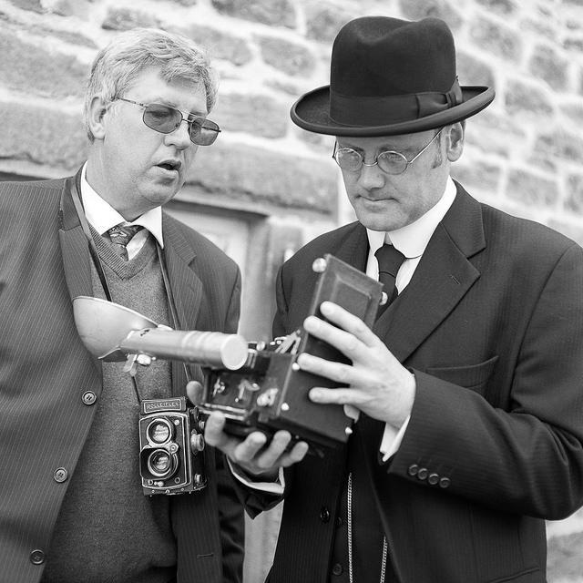 Anthony and David inspecting the back of a Graflex at Crich Tramway.