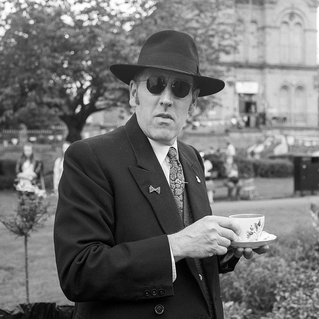 A gent drinking tea at the Batley Vintage Day